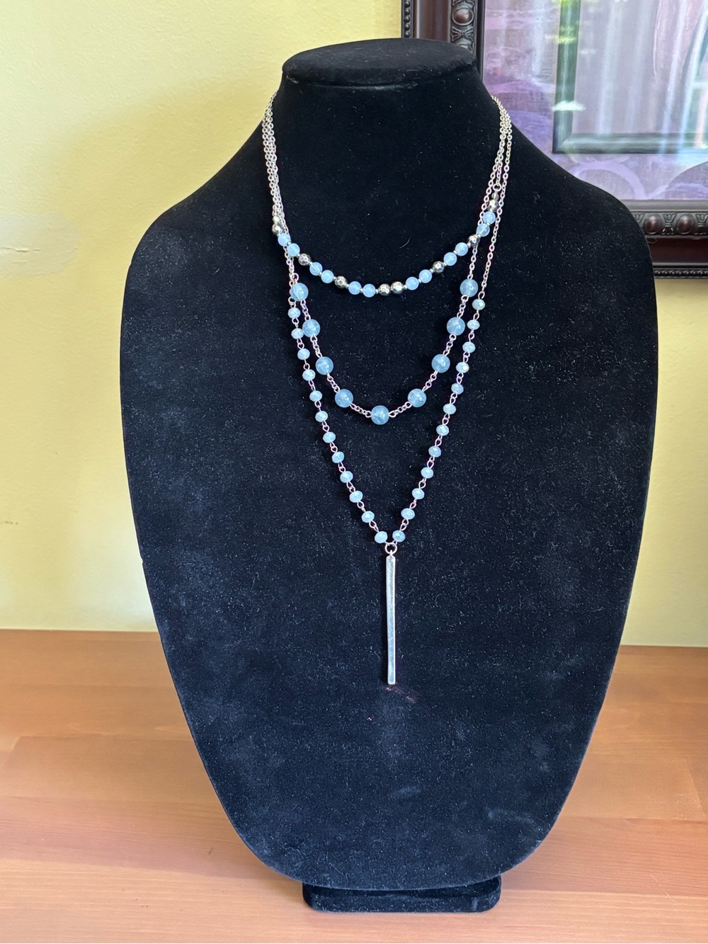Layered Silver and Light Blue Beaded Y-Necklace